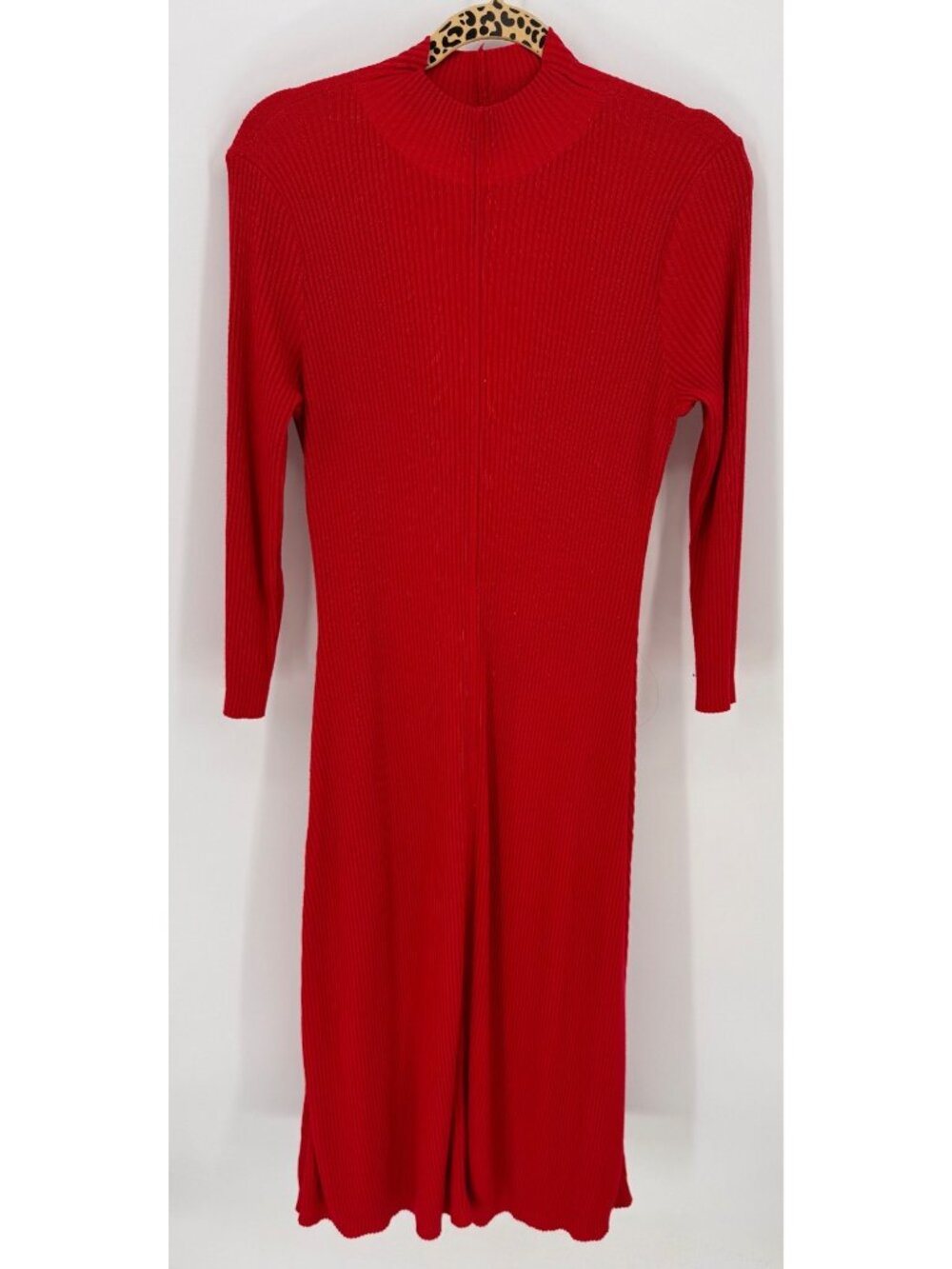 Calvin Klein Womens Red Ribbed Heavy Knit Long Sleeve Mock Neck Midi Dress Large